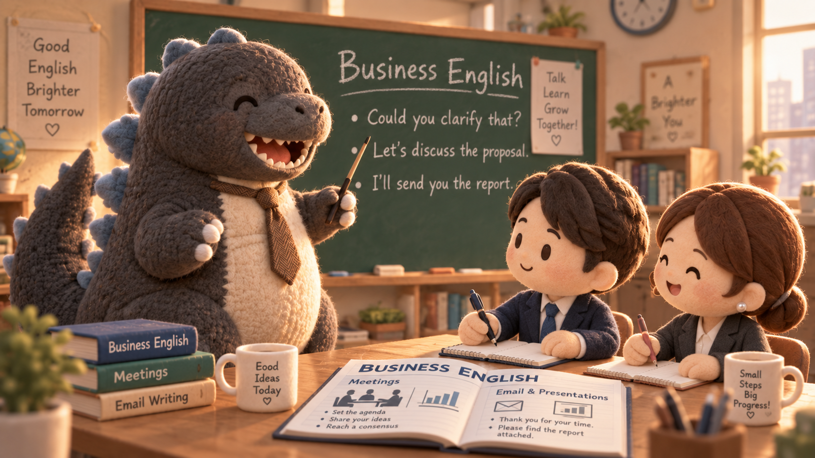 ふわもこの怪獣先生と大人の生徒が、温かな教室で英語を学ぶ様子